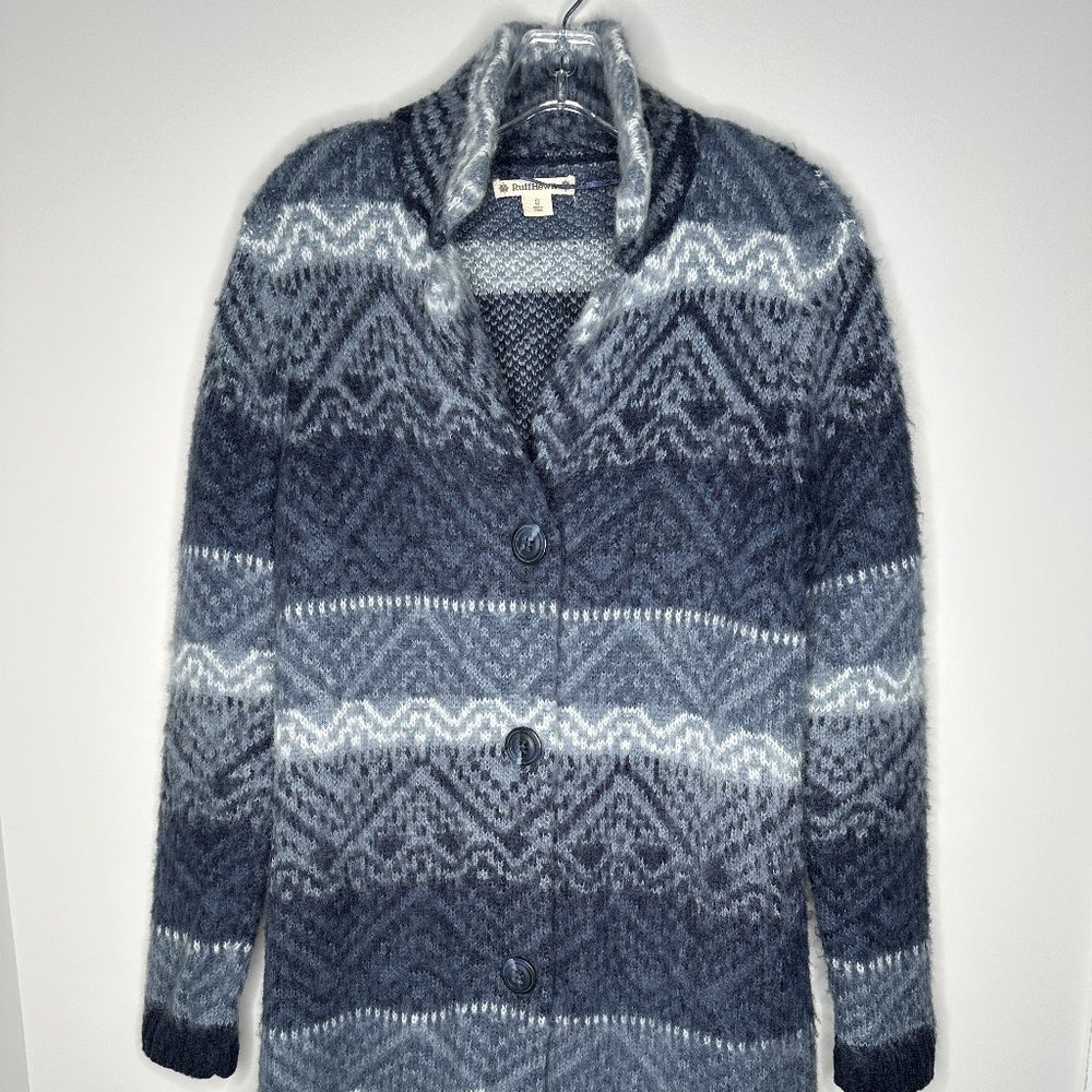 Ruff Hewn Size S Blue Patterned Fair Isle Long Buttoned Cardigan